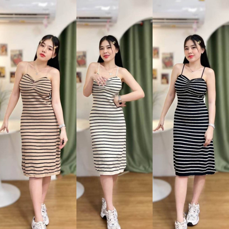 🌈SpinnyHouse🌈เดรสยาว ผ้าไหมพรม เดรสสายเดี่ยวทอลายสลับสี 🦑  ใส่แล้วพรางหุ่นม้าก แต่งย่นให้ช่วงอก รุ่น หัดเขียน