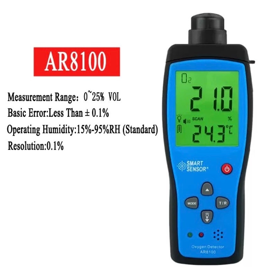 Smart Sensor AR8100 เครื่องวิเคราะห์ก๊าซออกซิเจน O2เครื่องตรวจจับ Indoor Air Quality Monitor เครื่องวัดอุณหภูมิ0-30%