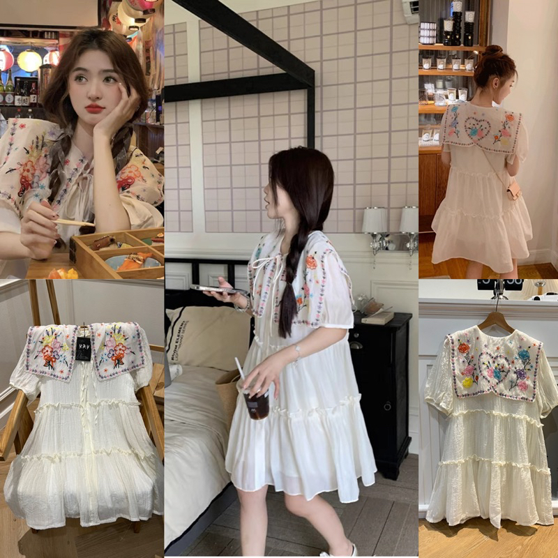 เดรสผ้าอัดยับ คอปกงานปักดอกไม้ YPY