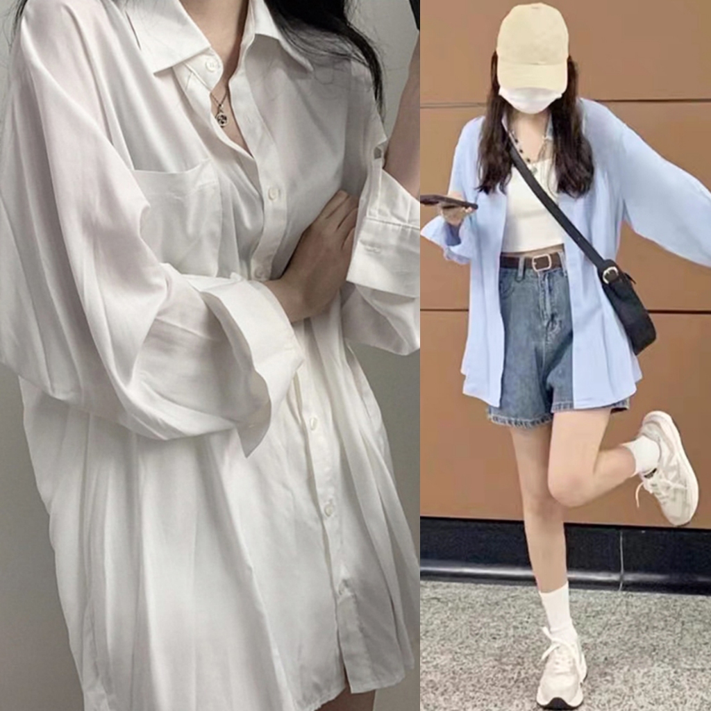 mimi&didi พร้อมส่ง เสื้อเชิ้ตแขนยาวคอปกผู้หญิง เสื้อโอเวอร์ไซส์ เก๋ไก๋ สไตล์เกาหลี หลวม สีฟ้า/สีขาว#637