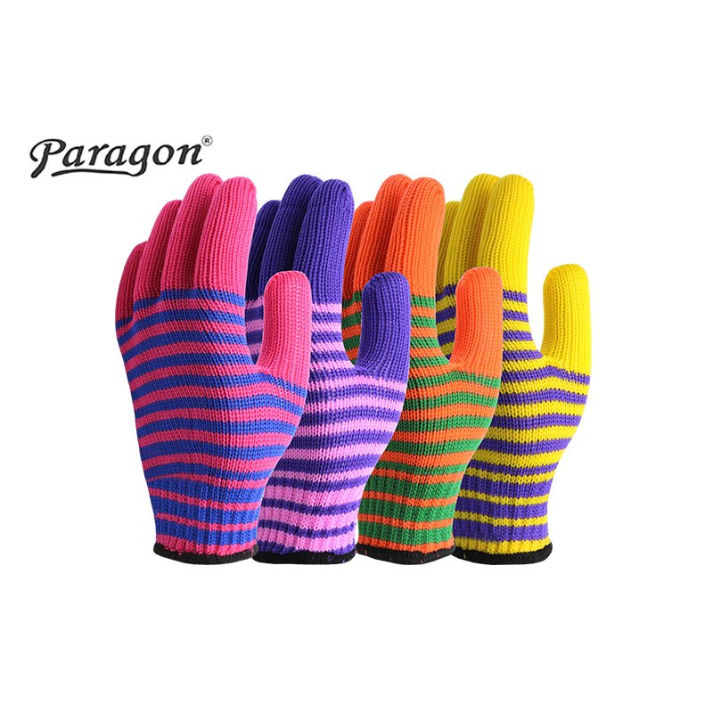 PARAGON(12 คู่)ถุงมือถักมังกรแดง ลายริ้วสีสด | สำหรับงานเกษตรกรรม | งานประมง | มีความยืดหยุ่นสูง | นุ่ม กระชับ