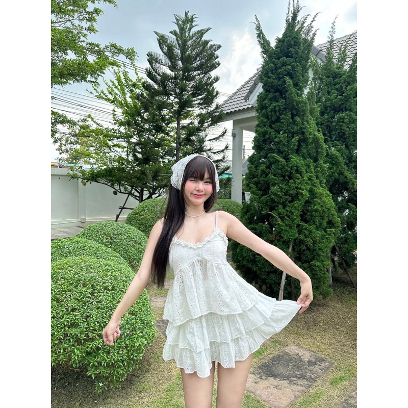 Nusa Style กระโปรงระบายสองชั้น ผ้าคอตตอนปัก มีซับด้านในกางเกง เสื้อผ้าผู้หญิง