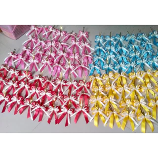 ขายยกแพ็ค 100 ชิ้น โบว์ 2 แฉกสีให้เลือก+ริบบิ้นขาว 10 มม+ขาลวดมัด