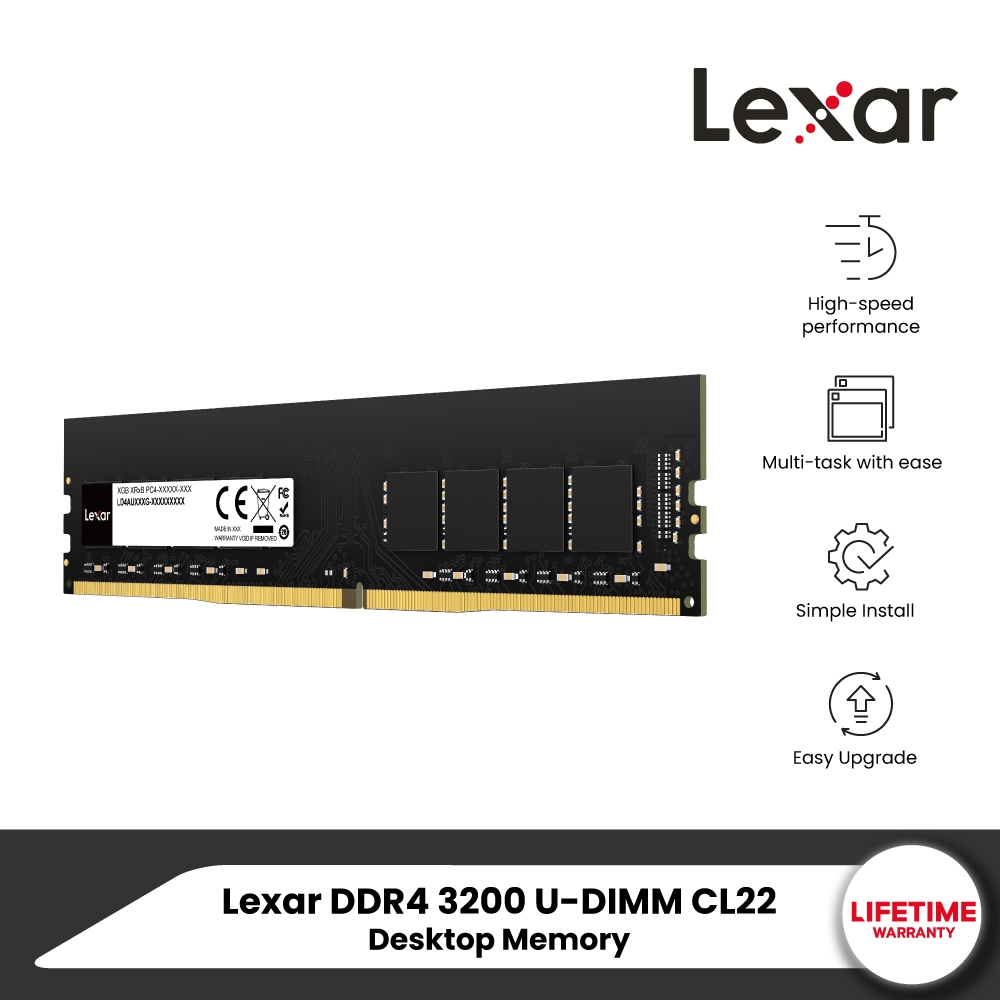 Lexar 8GB DDR4/3200MHz CL22 U-DIMM RAM PC (แรมพีซี) Desktop Memory (4AU008G-B3200) PC&DIY