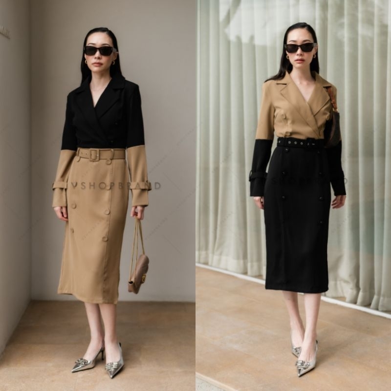 เดรสยาวทรงสูททูโทน พร้อมเข็มขัด VSHOP