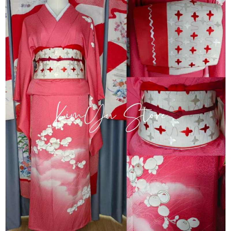 พร้อมส่ง Kimono ชุดกิโมโน สีแดงชมพู มือสองของแท้จากญี่ปุ่น