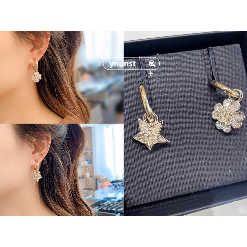 ของแท้ CHANEL ต่างหู Rhinestone Star Asymmetric Stud แบบใหม่ 23S