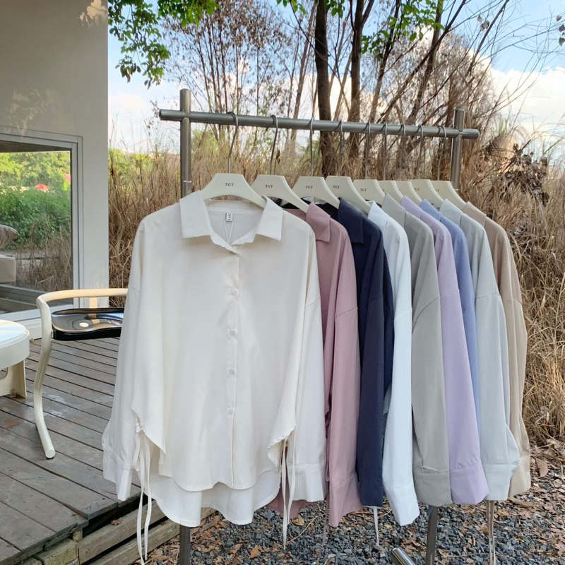 (A20) Heartmade - Chuu Shirt 👀💘—(ส่วนลด 30% เหลือ 250.-) เสื้อเชิ๊ตโอเวอร์ไซส์ กระดุมหน้าโบว์ผูกช่วงชายเสื้อ〰️