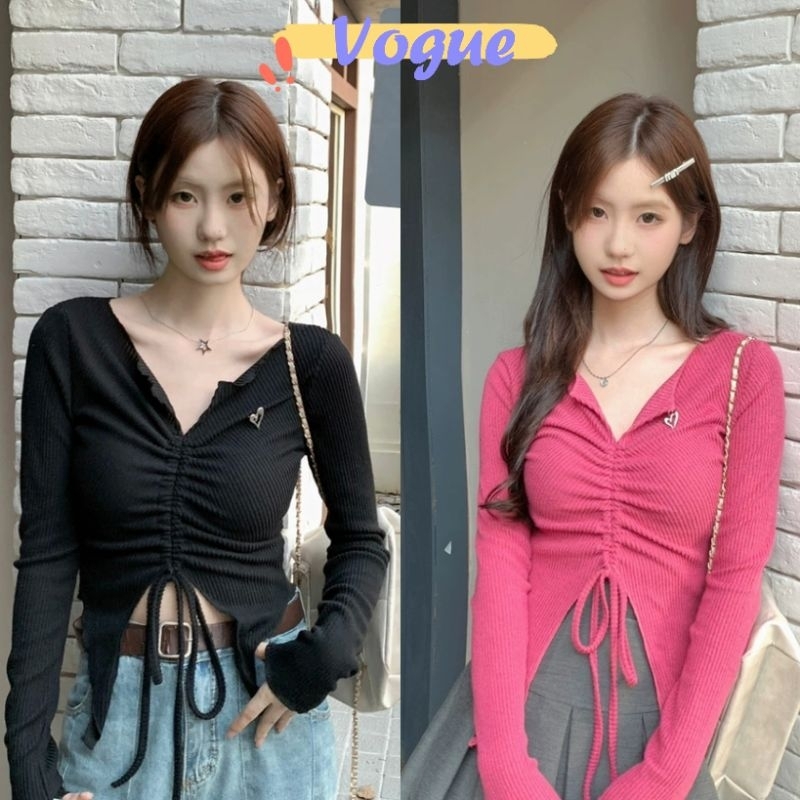 Vogue พร้อมส่ง แขนยาวคอวีมีเชือกรูด เสื้อเชิ้ตขนสัตว์แขนยาว เสื้อ คาร์ดิแกนแขนยาว ทรงสั้น (M0739) -C