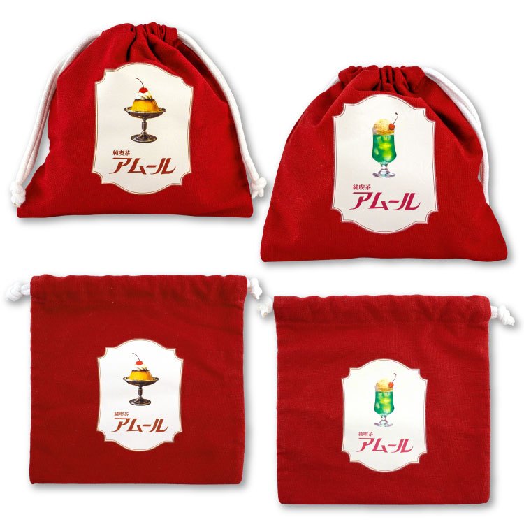 กระเป๋ารูดเชือก Cafe Amour - Retro Cafe สีแดง จากญี่ปุ่น ลาย Cream Soda & Pudding ขนาด 19.5 x 19.5 ซ