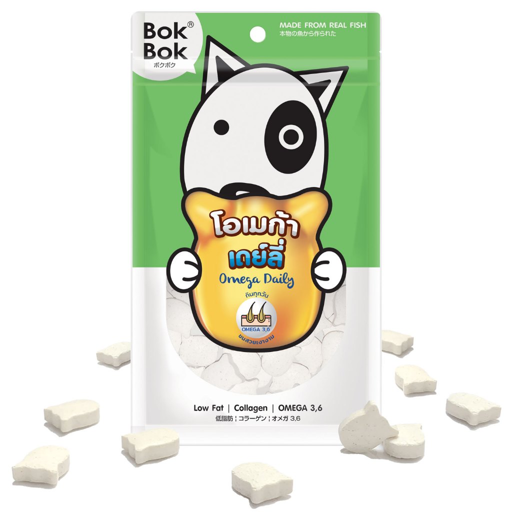 Bok Bok ขนมน้องหมา โอเมก้า เดย์ลี่ เนื้อปลาอัดเม็ด ผสมนมแพะ ช่วยบำรุงเส้นขนและผิวหนัง อุดมไปด้วยโอเมก้า 3,6