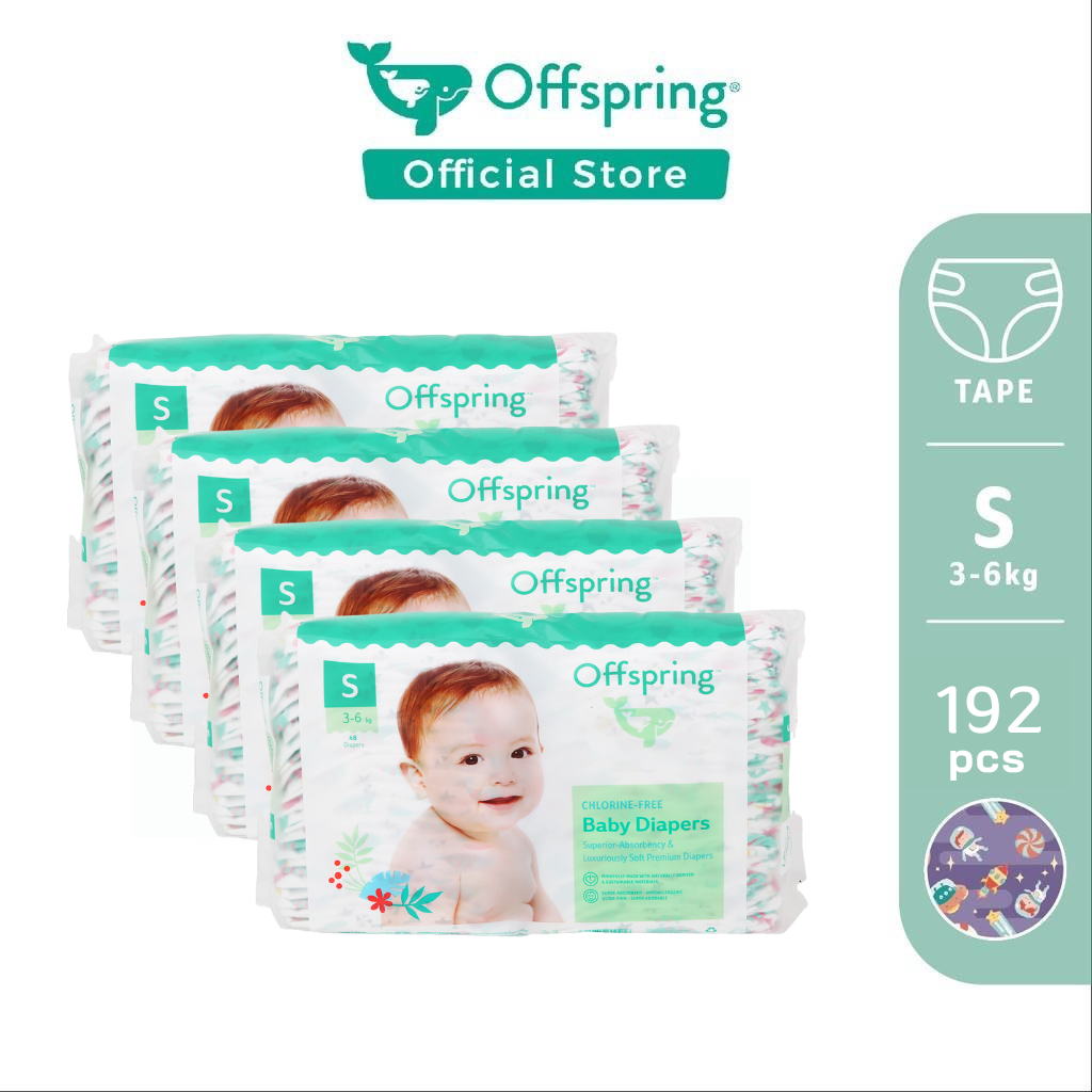 Offspring Fashion Tapes แบบเทป ไซส์ S 192 ชิ้น (48x4 แพ็ค) ผ้าอ้อมเด็ก แพมเพิส สำหรับ 3-6kg (ยกลัง)