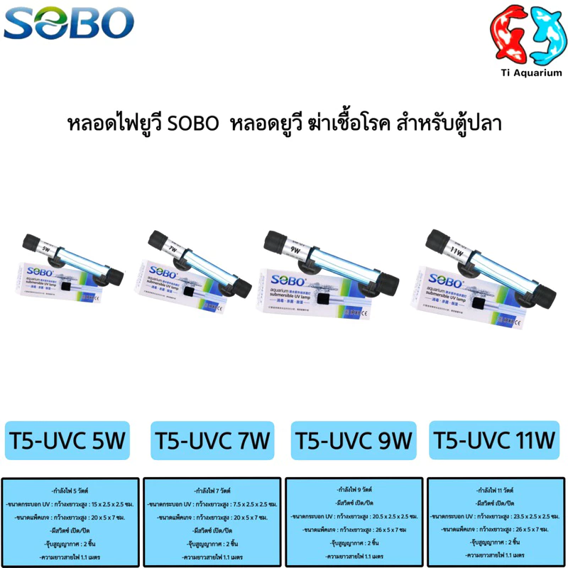 SOBO UV หลอดยูวี ฆ่าเชื้อโรค กำจัดตะไคร่เขียว ในตู้ปลา บ่อปลา ขนาด5w/7w/9w/11w