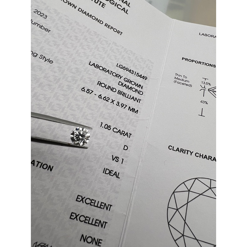 เพชร CVD - Round รูปกลม - 1.0 ct - น้ำ 100 (D) - VS1 พร้อมใบเซอร์ IGI
