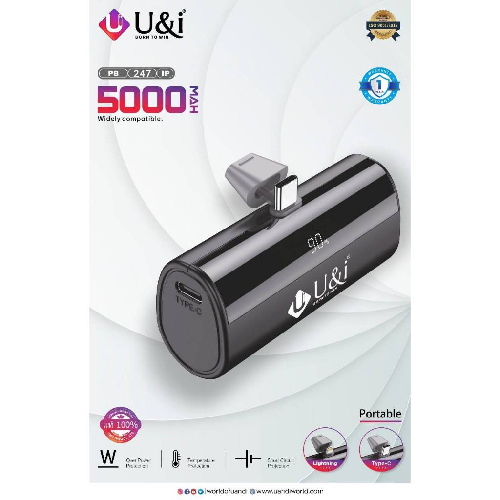 แบตสำรอง สำหรับ tyce c / ios ใช้ได้กับip U&i PB247Mini Power Bank 5000mAh พาวเวอร์แบงค์ พกพา จอ LED 