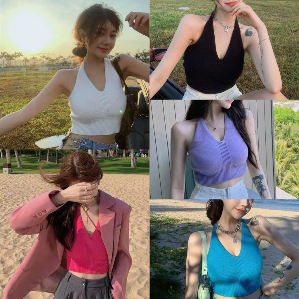 เสื้อแขนกุด เสื้อครอปหญิง มีสายคล้องคอ สีพื้น สวมใส่สบาย #11297