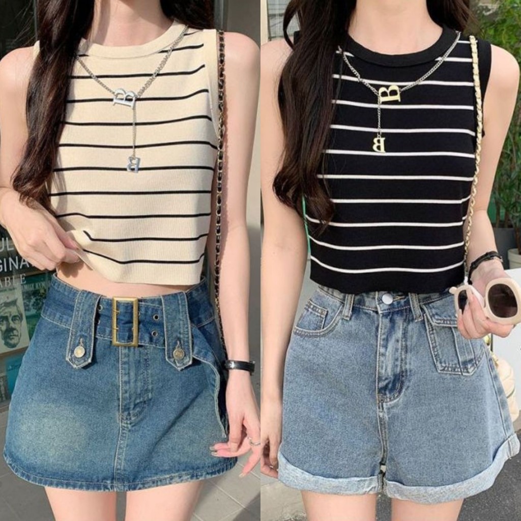 เสื้อกล้ามผู้หญิง เสื้อสไตล์เกาหลี เสื้อเชิ้ตทางม้าลาย ทรงคิวท์ๆ สวมใส่สบาย #11298
