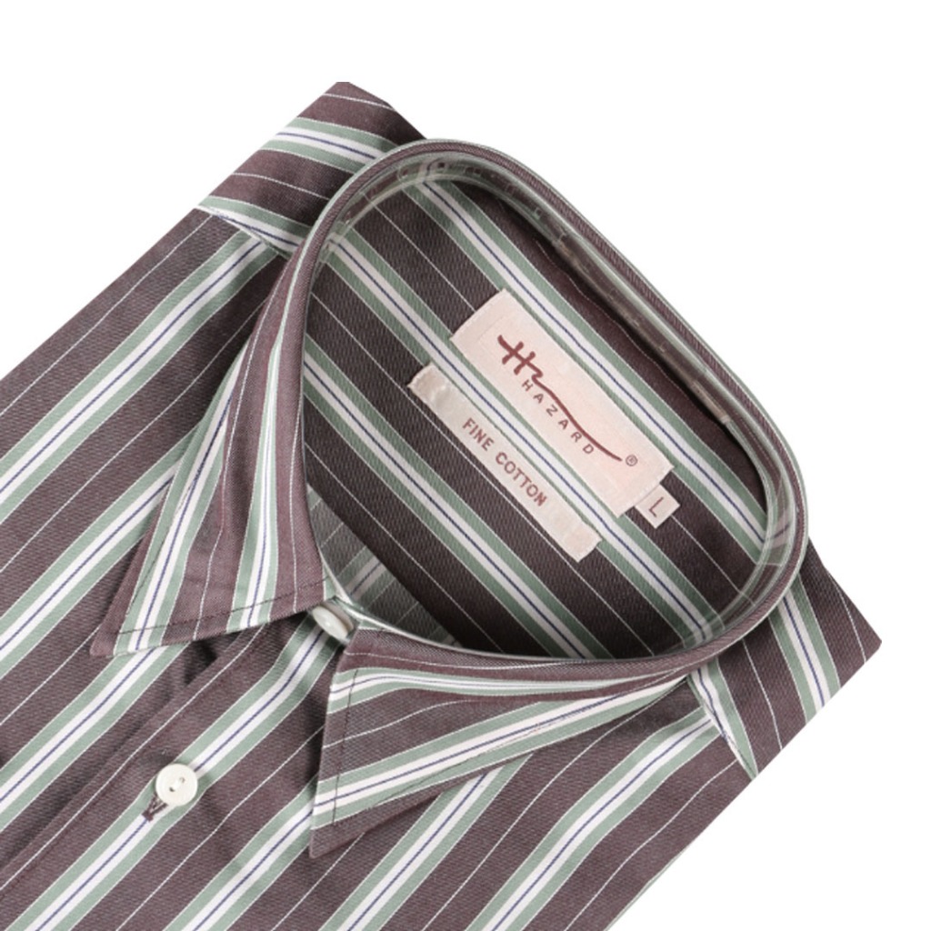 Hazard เสื้อเชิ้ตทำงานแขนยาวลายทาง ผ้า Cotton (คอตตอน) สีเขียวกลาง