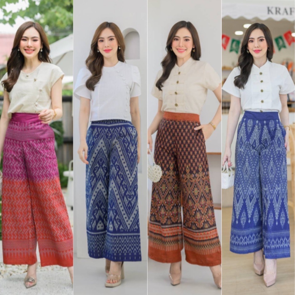 กางเกงขาบานลายไทย เอวสม็อคหลัง [มีไซร้คนอ้วน M L XL]
