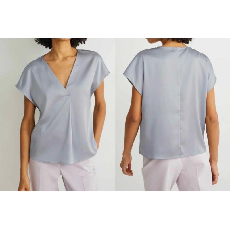 Satin Blouse เสื้อคอวี แขนสั้น ผ้าซาตินอย่างดี ใส่ได้ตลอด สีเทา