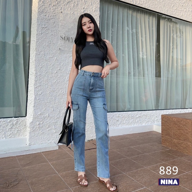 🌈𝑵𝒊𝒏𝒂.𝒋𝒆𝒂𝒏𝒔 #889 กางเกงทรงกระบอกคาร์โก้ งานผ้ายืดหยุ่น งานสวยกระเป๋าแต่งข้าง ปลายขาเย็บ