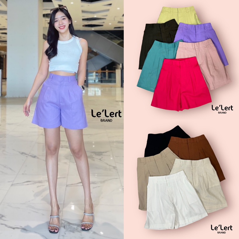 กางเกงขาสั้นผ้าลินินเอวสูงตะขอหน้าไม่สั้นมากเอวสม็อกหลังFreesize✅