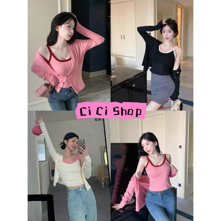 SALE 8.8 Cicishop(23210)SET2ชิ้น เสื้อคุลม+สายเดี่ยว ผ้าไหมพรม สีทูโทน ใส่สบาย เหมาะสำหรับหน้าหนาว