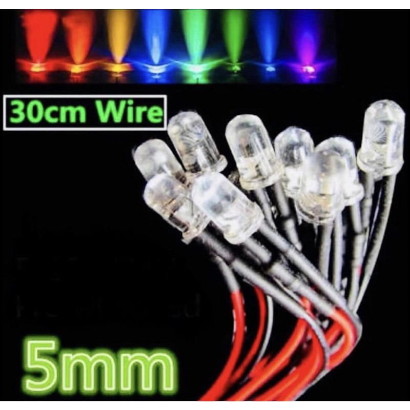 ดวงไฟ LED 5 มิล พร้อมสายไฟดำแดง มีไฟ 12v และ 24v (จำนวน 50 ดวง)