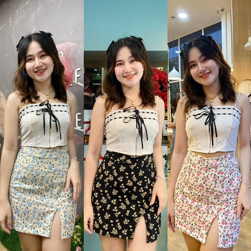 กางเกงกระโปรงผ่าหน้า ลายดอกไม้ ผ้าไหมอิตาลี *ผ้าบางใส่สบาย