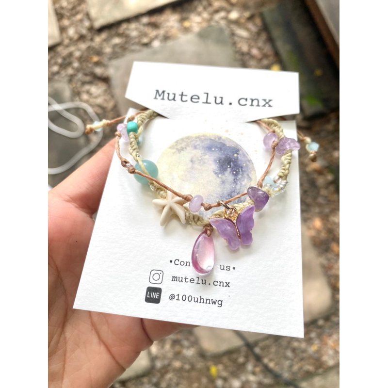 กำไลข้อมือเชือกถัก handmade (pink mermaids + purple butterfly)