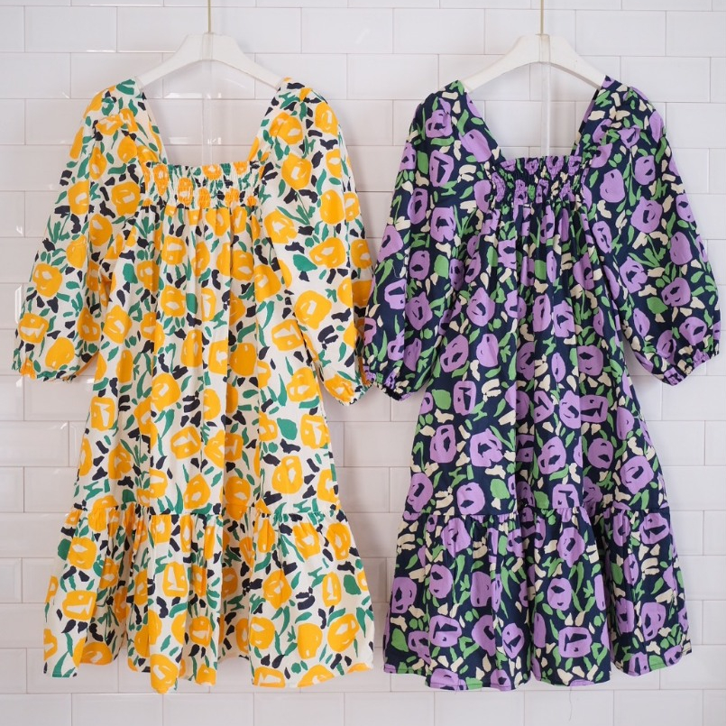 pizza outfit เดรสจับสม็อค ทรงเอ ชายระบาย