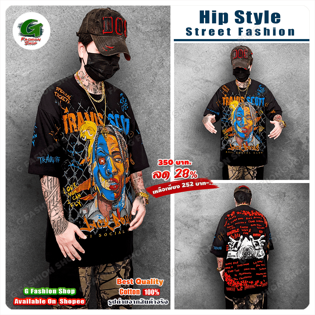 เสื้อยืดโอเวอร์ไซส์ เท่ๆ ฮิปฮอป แบบลิ้นติดไฟไปกับ 𝐆𝐫𝐚𝐟𝐟𝐢𝐭𝐢 𝐓𝐫𝐚𝐯𝐢𝐬 𝐒𝐜𝐨𝐭𝐭 คอตตอน 100% ( TSO-01112302 )
