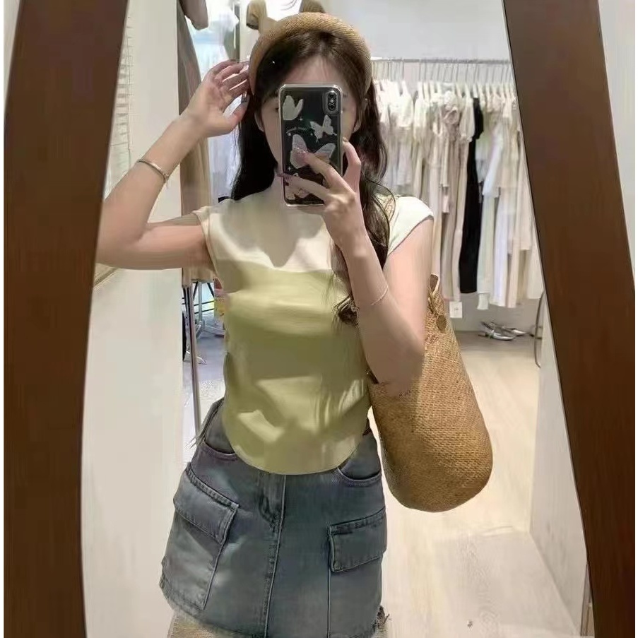 (พร้อมส่ง/ใหม่)#6A99เสื้อยืดแขนกุดผู้หญิงเสื้อยืดแขนสั้นคอเต่าฤดูร้อน2023 แฟชั่นสไตล์เกาหลี