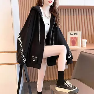 เสื้อแขนยาวฮู้ด เสื้อคลุม Oversize (อก 50-64 นิ้ว) พิมลาย ซิปหน้า มีกระเป๋า สีพื้น ผ้าคอตตอล B14