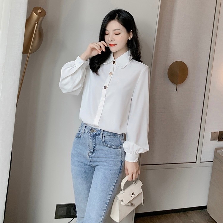 เสื้อเชิ้ตผู้หญิงแขนยาว ออกแบบติดกระดุม 3 เม็ด เนื้อผ้าวาเลนติโน่ลื่นเบาใสสบายสไตล์คนทำงาน