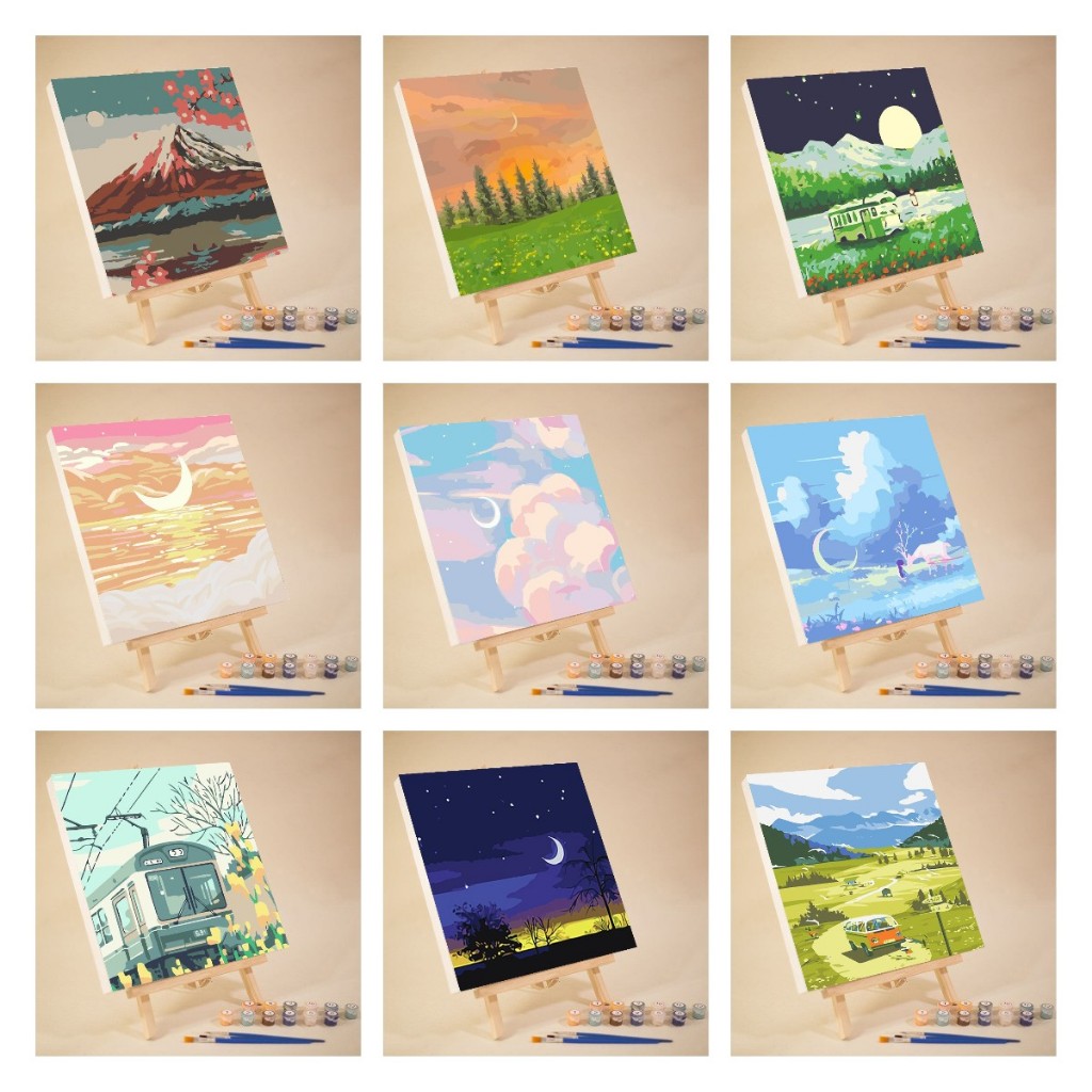 (พร้อมส่ง) ภาพวาดสีน้ำมัน ระบายสีตามตัวเลข ภาพระบายสีตามตัวเลข 20x20cm แบบขึงเฟรมไม้ ภาพว ระบายสีตามตัวเลขขึงเฟรม