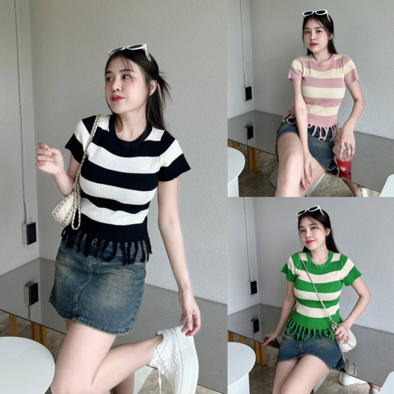 SpinnyHouse เสื้อคอกลมแขนสั้น ผ้าไหมพรม แต่งพู่ระบาย ผ้าทอลายสลับสี รุ่น สุขใจ B-023-2-A