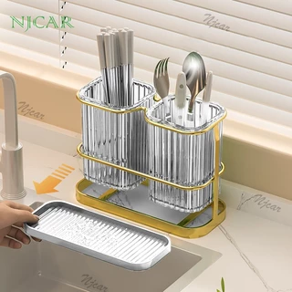 NJCAR H564 ที่ใส่ตะเกียบ เก็บช้อน ส้อม ติดผนังได้ ไม่ต้องเจาะ พร้อมถาดรองน้ำด้านล่าง
