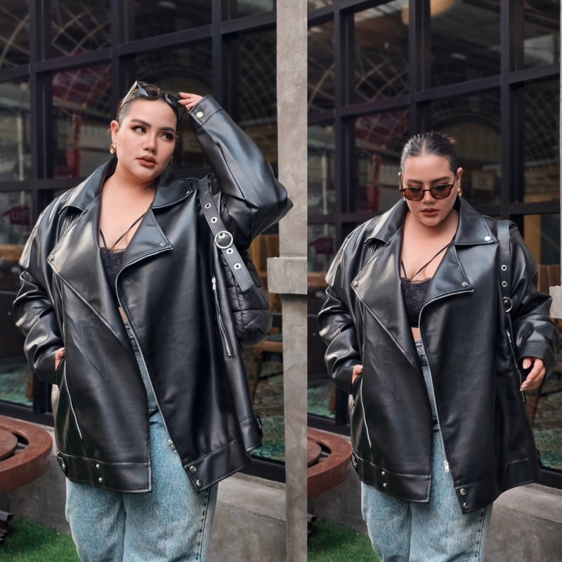 Leather Jacket เสื้อแจ็คเก็ตหนังสีดำคอปก อก46”-64”