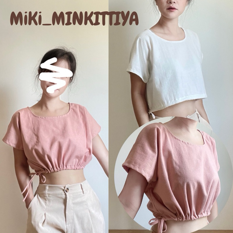 เสื้อครอป ผ้าฝ้าย แขนสั้น เสื้อครอปน่ารักๆมีดีเทลผูกโบด้านข้าง ใส่ได้2แบบ