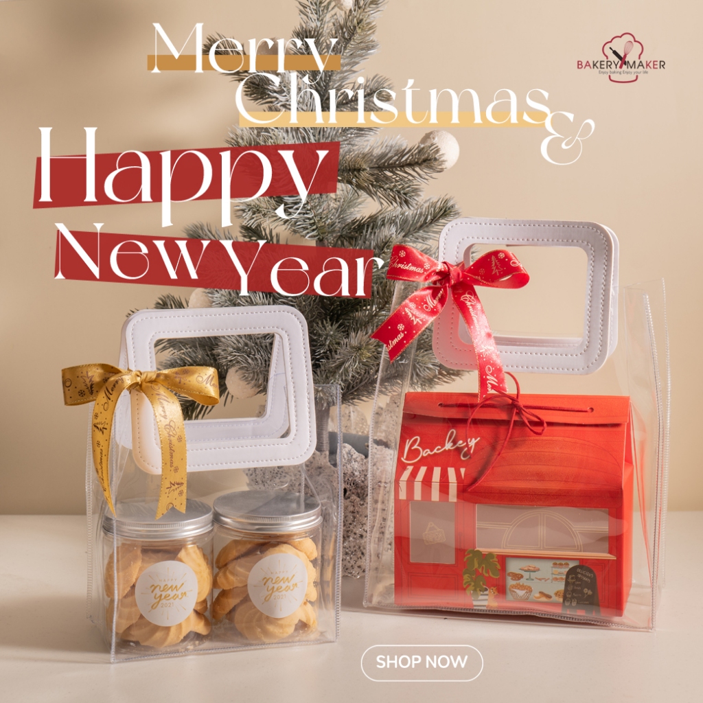กระเป๋าพลาสติกใส หูหิ้วหนัง 1 ใบ / กระเป๋าใส ใส่คุกกี้ คริสต์มาส Christmas ขนม ถุงหิ้ว ตรุษจีน valentine ถุงใส่ส้ม CNY
