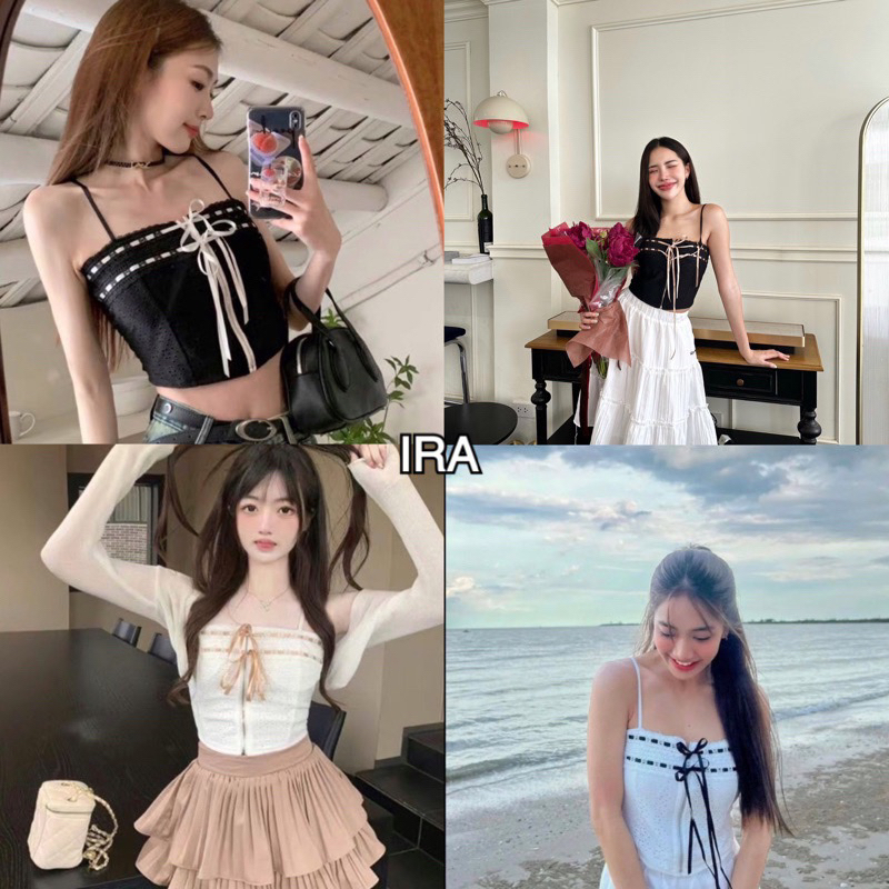 BY IRA (2251) Ribbon TOP เสื้อสายเดี่ยวแต่งลูกไม้น่ารัก ถักเชือกหน้า เสริมฟองน้ำ