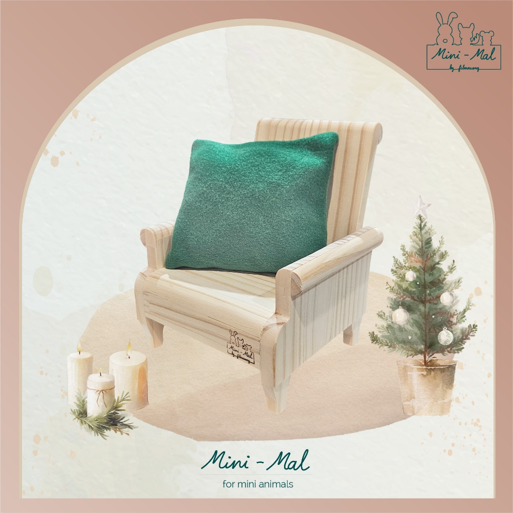 Mini-Mal by FN | 🎄 Beside the Fireplace เก้าอี้ไม้สน พร้อมหมอนผ้าฟลีซ สำหรับตกแต่งกรงธีมคริสมาสต์ สำหรับชินชิลล่า ฯลฯ