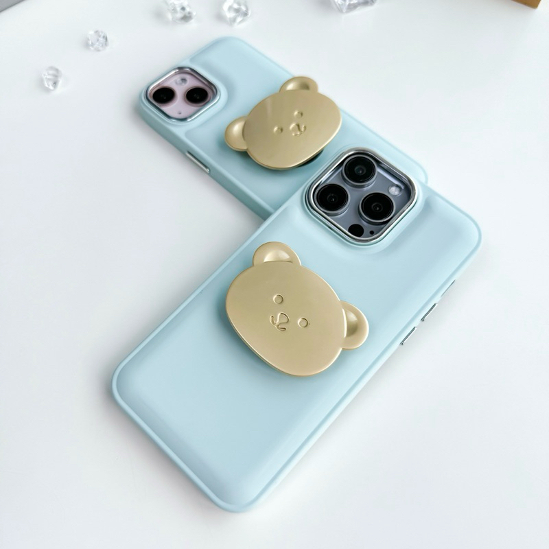[i15]พร้อมส่ง T7S66 เคสยางนิ่มโทนฟ้างานดี + Holder น้องหมีสีทอง สำหรับ iPhone case เคสไอโฟน เคสไอริง 11-15Pro,15Promax