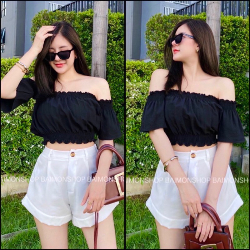 เสื้อครอป เสื้อเปิดไหล่ ผ้าคอตตอน เป็นเกาะเย็บต่อแขนทรงกระดิ่ง รุ่นนี้กำลังฮิตมากเลยนะคะ - รูปที่ 6