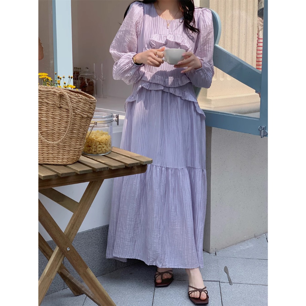 CHAWY Chiffon cute dress C4173 เดรสยาวชีฟอง เดรสยาวมินิมอล มี 2 สี ครีม ม่วง