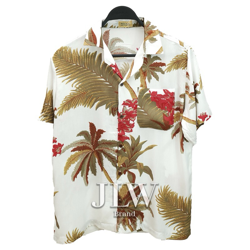 เสื้อฮาวาย ลายมะพร้าว ขาว ผ้านิ่มใส่สบาย JLW BRAND ผ้าเรย่อน