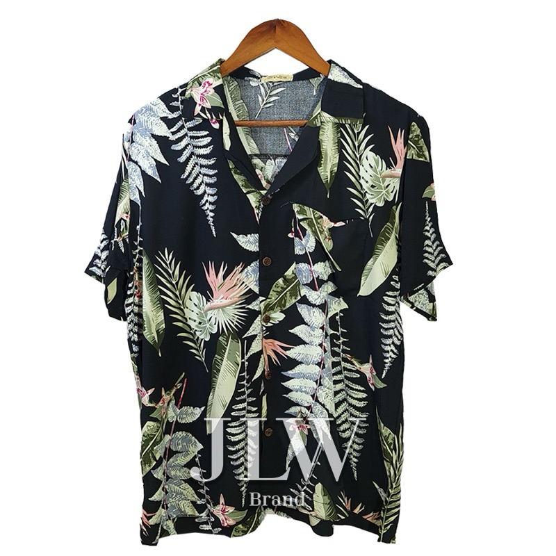 เสื้อฮาวาย ลายใบเฟิร์น ดำ ผ้านิ่มใส่สบาย JLW BRAND ผ้าเรย่อน