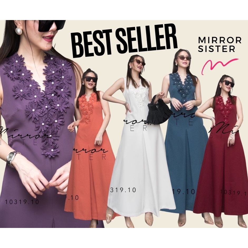 🔖Mirrorsister 10319.10 เดรสตัวยาว ทรงแขนกุดทรงสวย คอวีแหลมแต่งดอกไม้นูน3Dตอกมุก ช่วงเอวเข้ารูป กระโปรงยาวทรงA