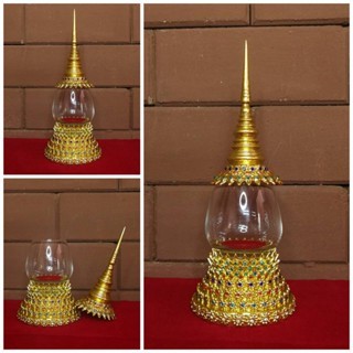 เจดีย์ ใส่พระธาตุ ทรงฐานกลม ปลายเรียว(M/KRL) ฐาน10เซน สูง27เซน งานปิดทองแก้วบรั่นดี 9 ออนซ์